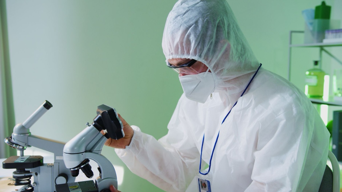 Lâmina de microscópio sendo analisada em laboratório de pesquisa.