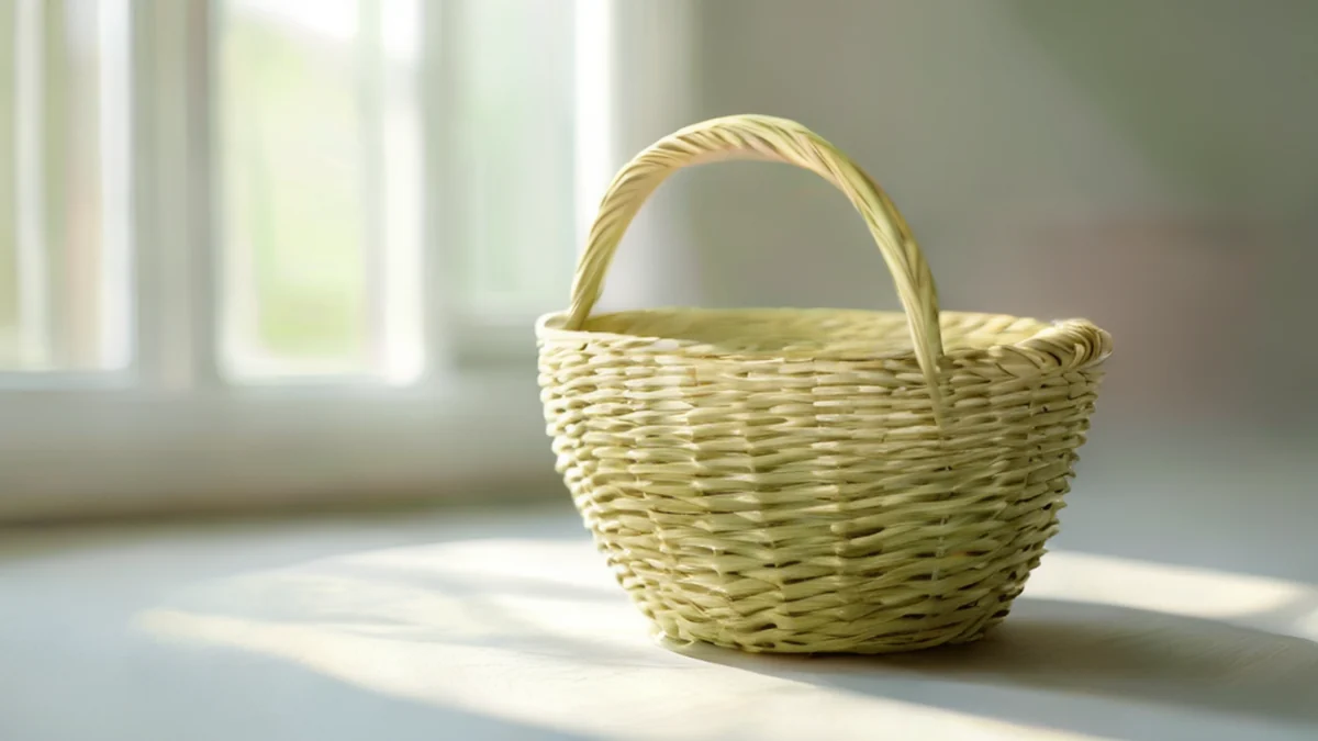 Cesto in wicker, motivo intrecciato, fibre naturali, forma rotonda.