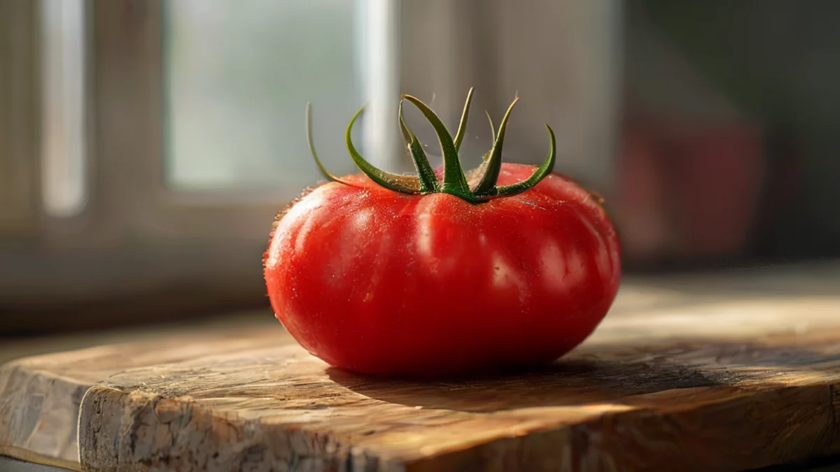 Uma planta de tomate com talos verdes e tomates vermelhos maduros.