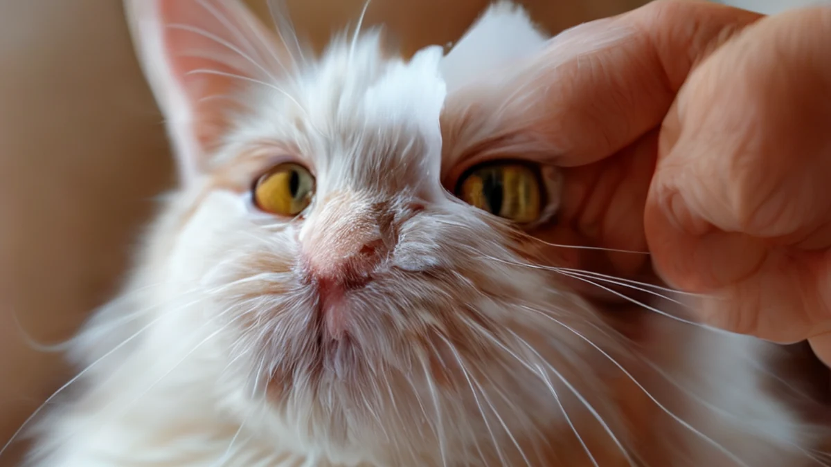 Il lavaggio del desgorgamento degli occhi dei gatti mostra un mucus giallo o verde