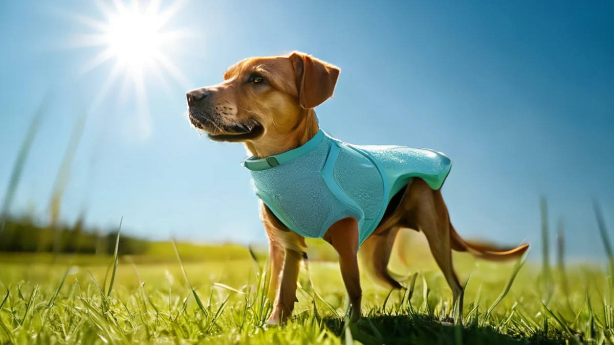 En été, un chien porte un veston refroidissant.
