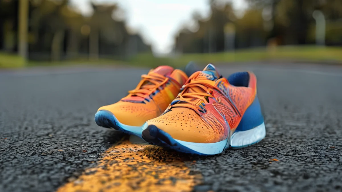 Chaussures de course sur une surface en béton, avec détails de semelle et de dessus.