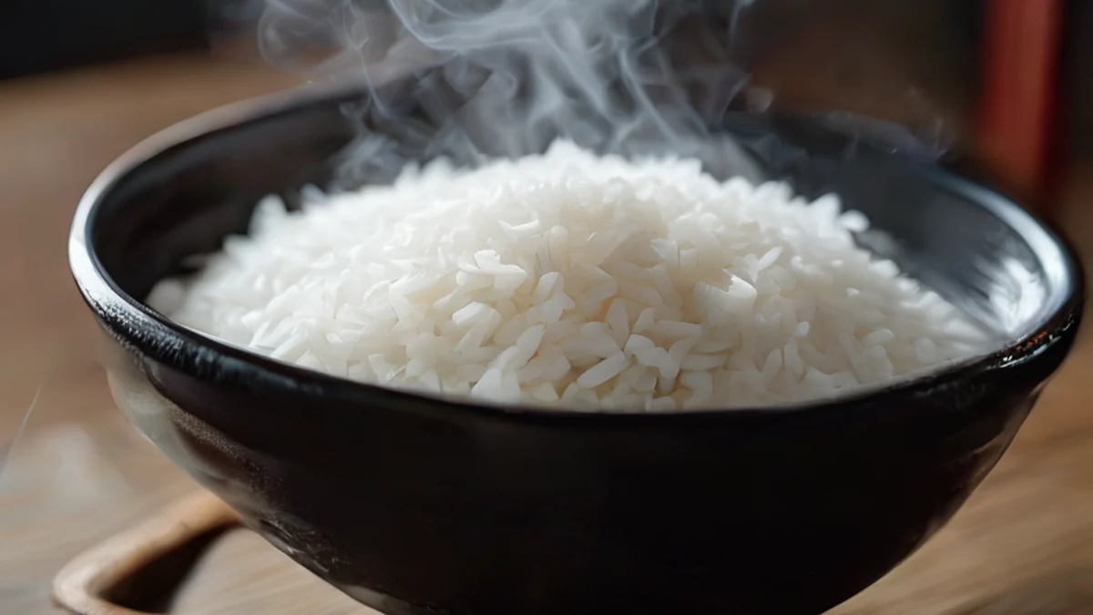 Een pott met zouten rijst, champignons en nori.