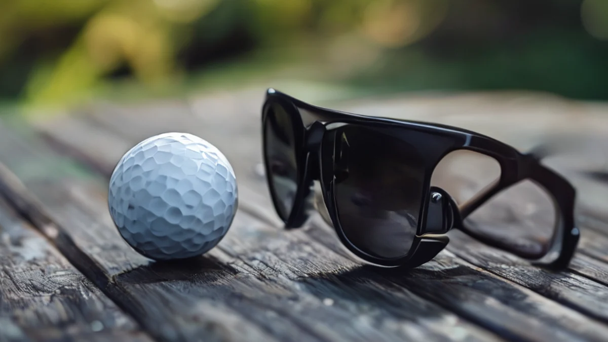 Sunglasses and golf ball on a green.